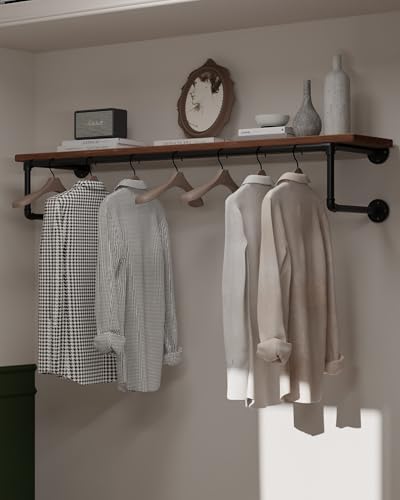Clothes Rack 48in, Wall Mounted Garment Racks with Real Wood Shelf, Heavy Duty Hanging Clothes Rack, Multi-Purpose Hanging Rod, Space-Saving Closet Storage by INDUSTRIALSHELVESDESIGN