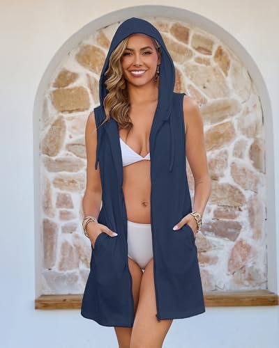 Bsubseach Women Terry Cloth Swim Cover Up Sleeveless Zipper Beach Robe - Image 3