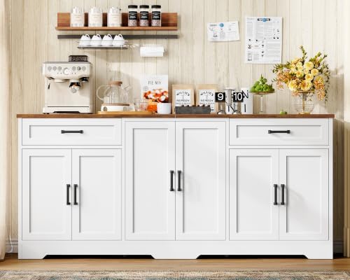 usikey 71" Buffet Cabinet with Storage, Large Sideboard Cabinet with 2 Drawers & 6 Doors, Modern Farmhouse Coffee Bar Cabinet, White - Image 7