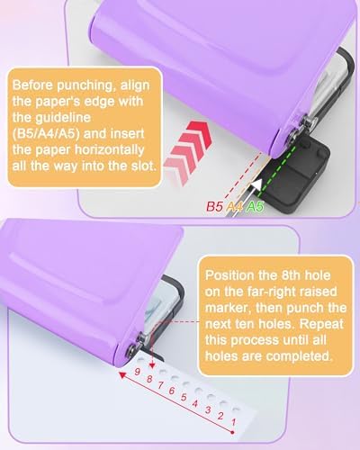 10 Hole Punch Binding Machine for Planners,Paper Puncher with Binder Rings,Punches Holes on B5,A4,A5 Paper,Metal Manual Binding System,Handheld Metal Circle Paper Puncher for Home Office Study,Purple - Image 4