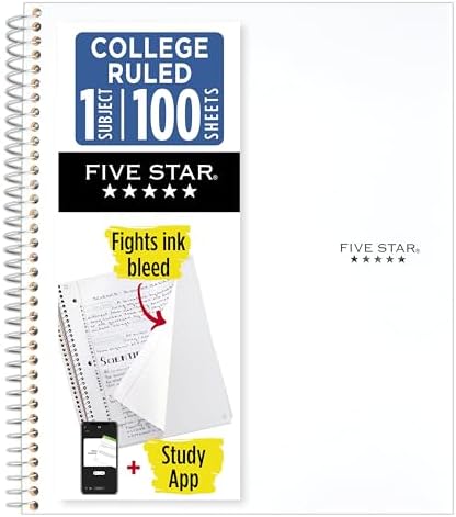 Five Star Spiral Notebook + Study App, 1 Subject, College Ruled Paper, 8-1/2" x 11", 100 Sheets, Fights Ink Bleed, Water Resistant Cover, White (72456) by FiveStar