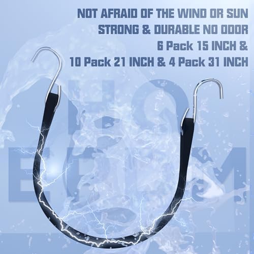 KJE 20Pack (15", 21", 31") Rubber Bungee Cords with S Hooks - Quality EPDM, Heavy Duty Black Bungee Straps, Ideal for Outdoor Tie Downs, Securing Tarps, Canvases, Cargo in Cold Hot Climates - Image 2