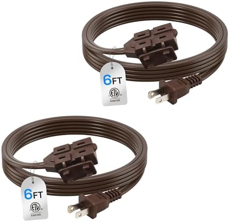BN-LINK 6ft Indoor Extension Cord, 2 Pack, 3-Outlet Polarized Flat Cable, Household Power Cord for Home, Office, and Holiday Decorations, Brown by BN-LINK