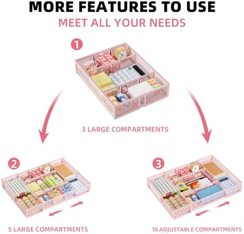 Marbrasse Expandable Desk Drawer Organizer, Mesh Tray with 10 Adjustable Compartments, Desk Organizers for Office Supplies, Makeup & Vanity (Expandable-Pink) - Image 5