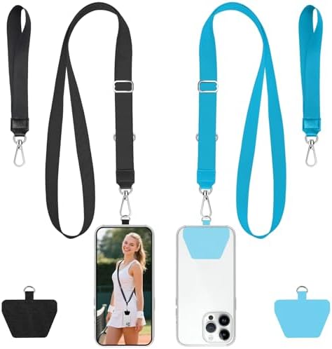 takyu Phone Lanyard, 2 Pack Adjustable Anti-Drop Neck/Wrist Strap with 2 PcsTether Patches, Secure Hands-Free Compatible for iPhone Samsung Perfect for Nurses, Teachers, Travel, Hiking Black+Blue by Takyu