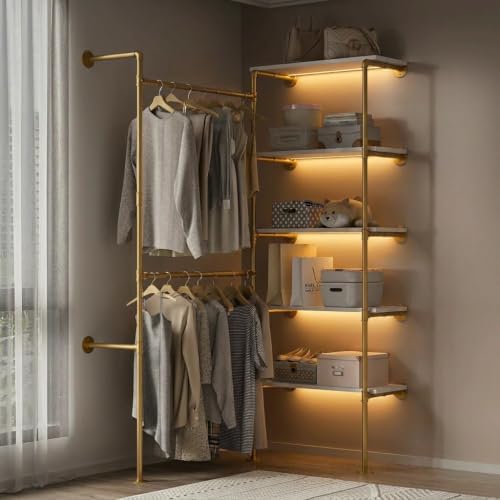Industrial Pipe Clothing Rack with LED Lights& Shelves, Gold - Image 4