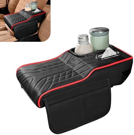Car Center Console Cover, Waterproof Leather Multifunctional Armrest Booster Pillow with 2 Storage Bags Cup Holder, Tissue Box Slot, Universal for Most Cars with Pack of Tissues (Black & Red) by Unknown