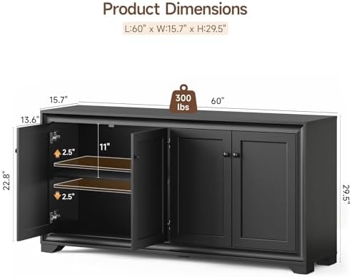 ONBRILL 60" Buffet Cabinet with Storage, 4 Doors & Adjustable Shelves Black - Image 2