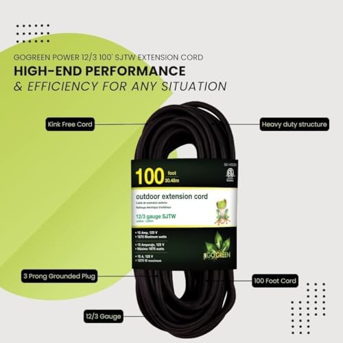 GoGreen Power Inc. (G-14000BK-2) 12/3 100' Heavy Duty Extension Cord - Black, 100ft, 2 Pack - Image 5
