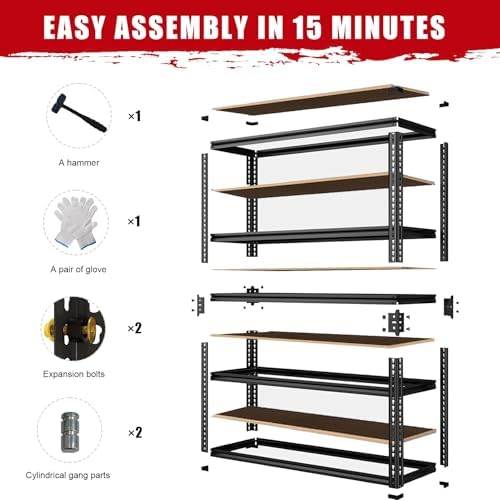 Storage Shelving Unit, 5 Tier Garage ShelvesHeavy Duty, Adjustable Metal Shelving Unit,2400LBS Black forPantry, Basement, Warehouse, Kitchen, Pantry and Closet,72" H - Image 4