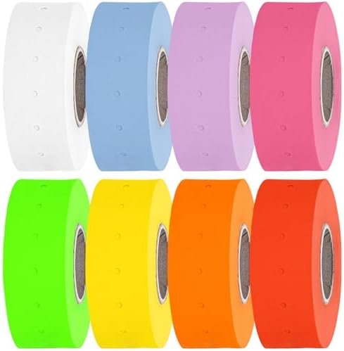 Perco 1 Line Multicolored Sleeve— 8,000 Labels for Perco Lite, X, Plus & Pro Guns—Includes White, Yellow, Blue, Lavender & Fluorescent Colors (Red, Green, Pink, Orange)— 8 Rolls, 1 Sleeve—Made in USA by Perco