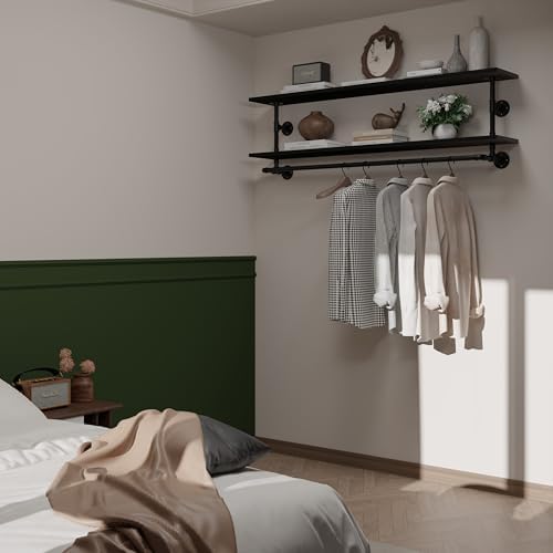 Black Clothes Rack 60in, 2-Tier Wall Mounted Garment Rack with Real Wood Shelf, Heavy Duty Hanging Clothes Rack, Multi-Purpose Hanging Rod, Space-Saving Closet Storage - Image 5