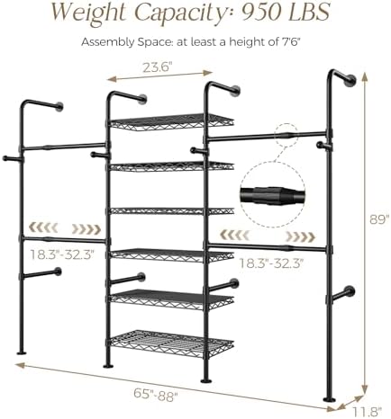 Closet Organizers and Storage, 3-Row Heavy Duty Garment Rack Clothes Rack for Hanging Clothes, Wall Mounted Closet System with 4 Telescopic Rods, 4 Hooks, 6 Shelves for Wardrobe, Bedroom, Small Space - Image 2