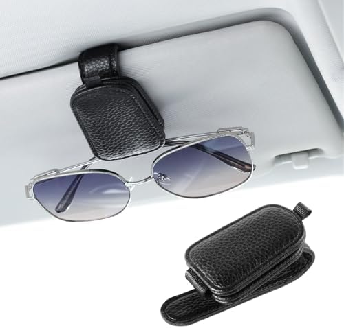 JUSTTOP 1Pack Sunglass Holder for Car, Magnetic Leather Buckle Sun Visor Sunglass Clip, Ticket Card Clip Sunglasses Mount, Car Interior Accessories for Men and Women (Black) by JUSTTOP