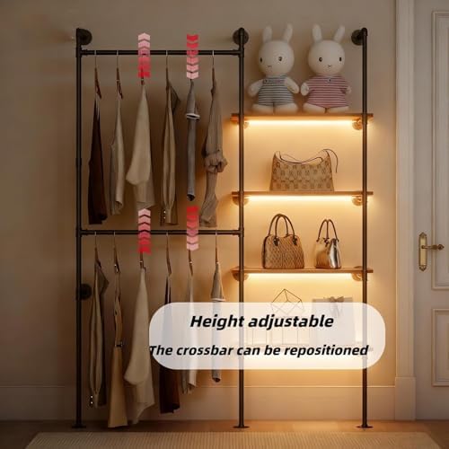Industrial Pipe Clothing Rack with LED Lights& Shelves - Image 5