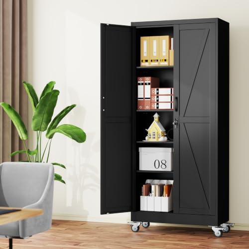 71" Metal Garage Storage Locker Cabinet with Wheels,Rolling Black Farmhouse Kitchen Pantry Cabinet with 2 Doors and 4 Adjustable Shelves, Steel File Tool Cabinet for Home Office Warehouse - Image 2
