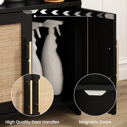 Small Bathroom Storage Cabinet with 2 Doors & Shelf,Rattan Black - Image 6