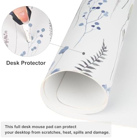 QiyI PU Leather Large Mouse Pad, Office Decor, 31.5" x 15.7", Blue Flowers - Image 4
