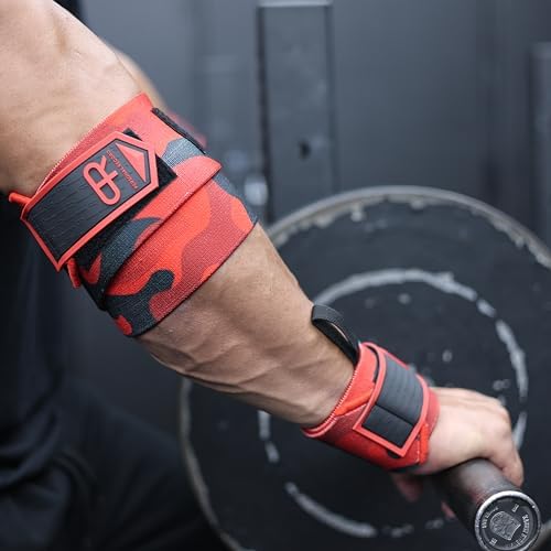 PR Personal Record Elbow Wraps for Weightlifting - Heavy Duty Construction, 25% More Elasticity, Reinforced Stitching, Extra Wide Fastener, Easy to Adjust, (Red Camo) - Image 6