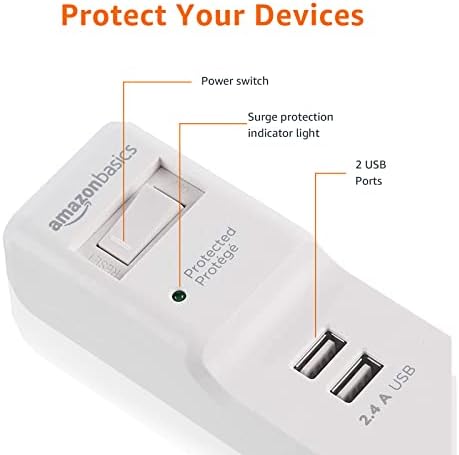 Amazon Basics Power Strip Surge Protector with 6 Outlets, 2 USB Ports, 1000 Joule Protection, 6-Foot Extension Cord, White - Image 3