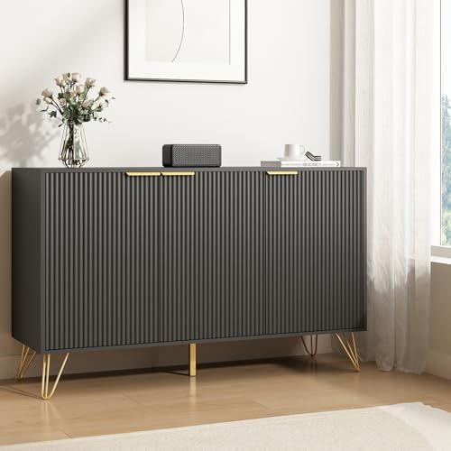 Storage Cabinet with 3 Fluted Doors and Adjustable Shelves, Black丨Modern Wood Accent Table, Sideboard Buffet Cabinet, Console Table for Living Room, Hallway, Entryway - Image 6