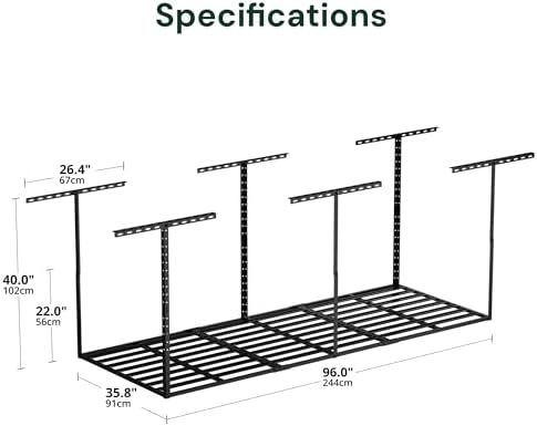 SunsGrove 3x8 Overhead Garage Storage Rack Organization, Adjustable Ceiling Mounted Storage Racks, 800LBS Weight Capacity, 22"-40" Ceiling Dropdown, Hammertone Black - Image 3