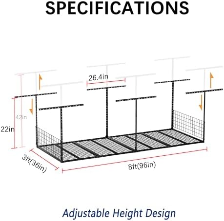 Soywey 3 x 8FT Overhead Garage Storage Rack,Adjustable Ceiling Storage Racks,Garage Shelving Heavy Duty Storage Organizer System With Sidebar,Load 600LBS Weight - Image 3