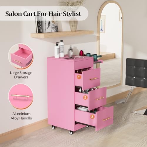 Salon Trolley Cart with Wheels, 3-Drawer Rolling Hair Styling Station, Mobile Beauty Trolley with Hot Tools Holder, Storage for Salon, Barbershop, Spa & Tattoo, Pink - Image 2