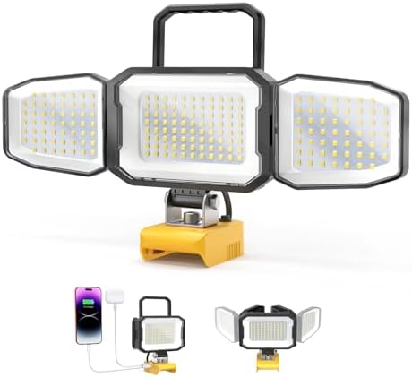 LED Work Light Compatible with DeWalt 20V Battery, 150W 15000LM Flood Light, 6500K Daylight 3-Head Adjustable, USB Type-C&2 Brightness Modes Portable Flashlight Job Site Light (Tool Only) by LIVOWALNY