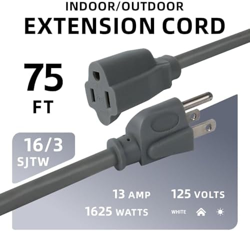 EP 75 FT Outdoor Extension Cord, 16/3 SJTW Heavy Duty Grey, ETL Listed - Image 2