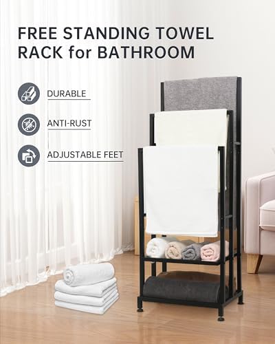ZOES HOMEWARE Heavy Duty Pool Towel Rack for Outdoor | 3 Tier Free Standing Towel Rack with 2 Storage Shelves | Anti-Rust Stand Rack for Outdoor,Pool &Bathroom | Black, 41"x16"x12" - Image 2
