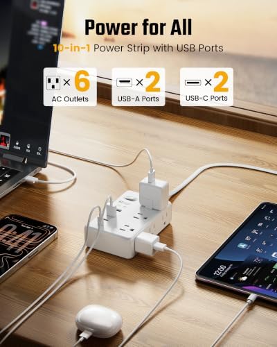 20Ft Long Extension Cord, PD20W, 6 outlets, 2A2C, Flat Plug Surge Protector - Image 4
