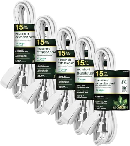 GoGreen Power Inc. (G-24715-5) 16/2 15' Household Extension Cord, 3 Outlets, White, 15ft, 5 Pack by PowerByGoGreen