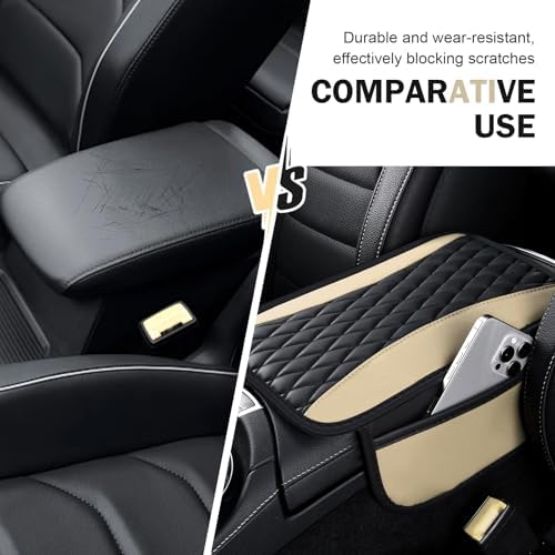 Car Center Console Cover, Upgraded Patchwork Leather Arm Rest Cover with Side Storage Pockets, Comfortable Auto Armrest Protector Cushion, Universal Middle Console Pad for SUV, Sedan (Beige) - Image 4