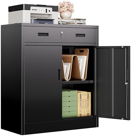 CJF Metal Storage Cabinet, Locking Storage Cabinet with 1 Drawer and Adjustable Shelf, 36" H x 28" W x 16" D Metal Cabinets for Office, Home, Garage -Black by CJF