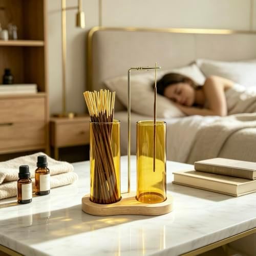 Yellow Glass Incense Holder, Incense Sticks Burner Holder with Storage,Hang Upside Down Incense Holder for Sticks with Glass Ash Catcher for Meditation Yoga Spa Room Decor (Yellow) - Image 6