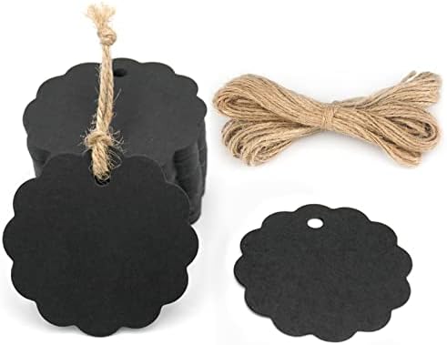 G2PLUS 100PCS Scalloped Tags with Twines,2.4 in Round Black Tag by G2PLUS
