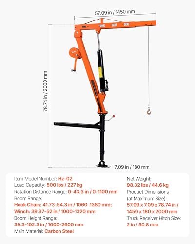 VEVOR Truck Crane, 500 lbs Pickup Hitch Crane Trailer Hitch Mounted with Manual Winch & Hydraulic Jack, 360° Rotating Telescopic Boom, Foldable Truck Bed Jib Hoist for Machine Lumber Equipment Lifting - Image 7