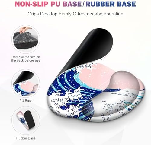 Gaming Mouse Pad, Large Desk Mat, Cute Desk Pad Protector, Pink Cherry Blossoms XXL Mousepad + Keyboard Wrist Rest+Mouse Wrist Rest+Coaster Set with Ergonomic Desk Pad, Japanese Wave of Kanagawa - Image 5