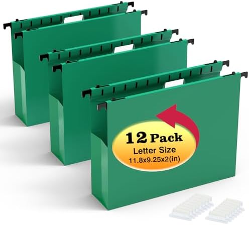 SHUTEX Extra Capacity Plastic Hanging File Folders,12 Pack Reinforced Expanding Hang Folder Letter Size,Accordian Pocket,Heavy Duty 2 Inch Expansion,Hanging Folder Organizer for Office Home,Green by Shutex