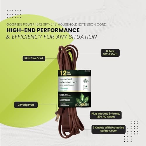 GoGreen Power Inc. (G-24812-5) 16/2 12' Household Extension Cord, 3 Outlets, Brown, 12ft, 5 Pack - Image 5
