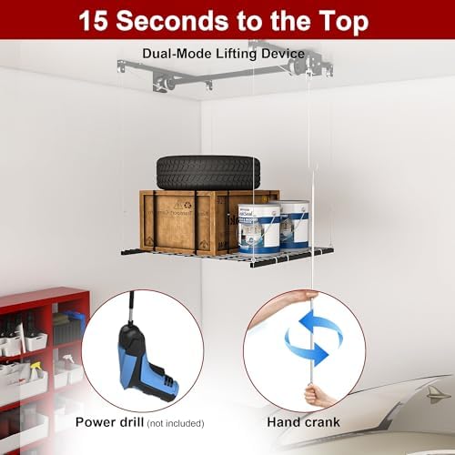 Montary 4x4 FT Overhead Garage Storage Rack for 10-12 FT Ceiling, Adjustable Ceiling Lifting Storage Rack with Safety Lock, 250LBS Capacity All-Steel Heavy-Duty Garage Lifting Organizer - Image 3