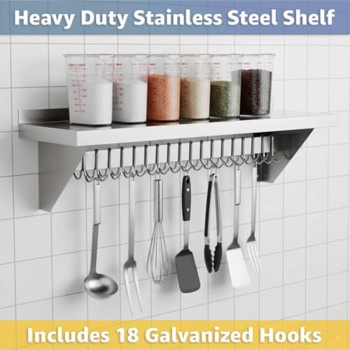 12" x 72" NSF Stainless Steel Wall Shelf, Heavy Duty Pot Pan Rack with Hooks, Commercial Kitchen - Image 3