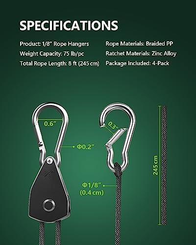 4-Pack 1/8" Rope Hanger, Heavy Duty Ratchet Tie Down Strap - Image 6