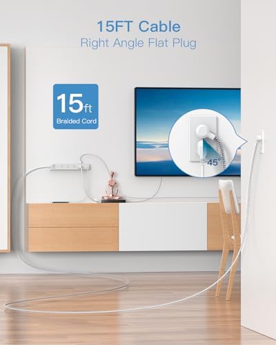 One Beat 15 ft Extension Cord,Power Strip Surge Protector,Flat Plug, White - Image 2