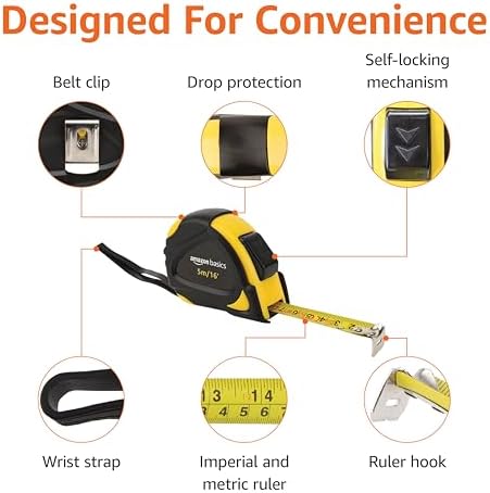 Amazon Basics Self-Locking Tape Measure with Belt Clip, 16-Feet (5-Meters), Inch/Metric Scale, MID Accuracy, Black, Yellow - Image 4