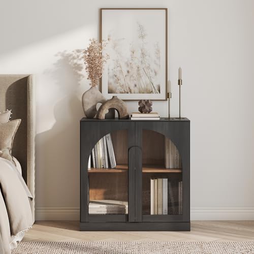 BELLEZE 2 Tier Bookshelf with Arched Glass Door, Modern Display Bookcase Shelf with Storage and Adjustable Shelves, Wood Bookshelves for Living Room Office Entryway (Ebony) - Image 6
