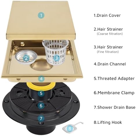 Square Shower Drain with Flange, 6 Inch, Brushed Gold, 2-in-1 Grate - Image 6