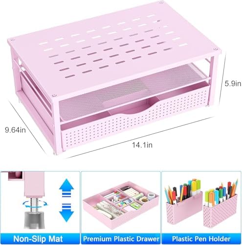 gianotter Desk Organizers and Accessories, Monitor Stand with Drawer and 2 Pen Holder, Desktop Organizer Suitable for Offices and Dormitories (Pink) - Image 6
