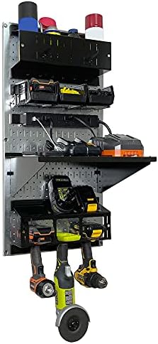 Wall Control Power Tool Storage Organizer Kit Cordless Drill Holder Charging Station Rack 16” x 32” Metal Pegboard Organization System (Metallic Pegboard) - Image 3